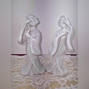 Vintage Geisha Statue Pair White Porcelain Oriental Girl Figurine Set - HOMCO